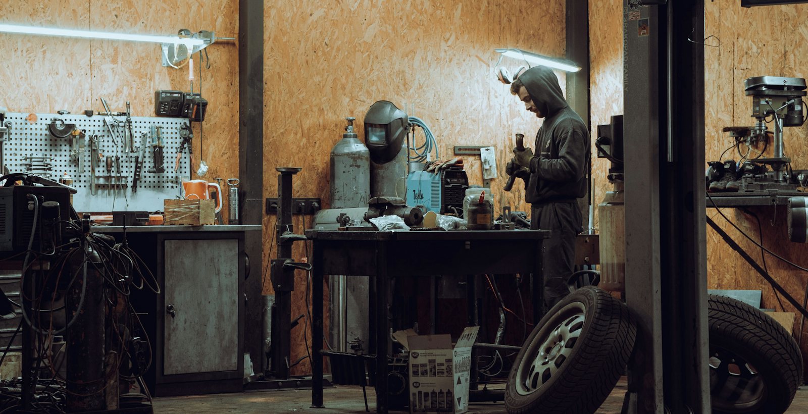 The workshop floor, tools and bench